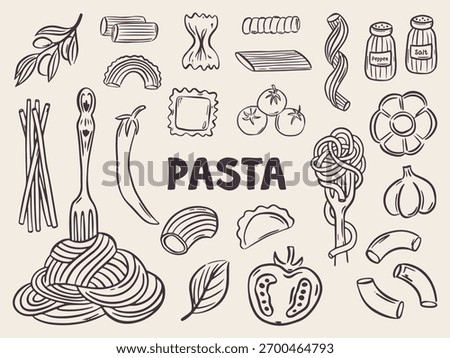 Whimsical hand drawn set of pasta illustrations in Italian style. Cute doodle food icons featuring spaghetti, penne, and ravioli — perfect for menus, posters, and Mediterranean design