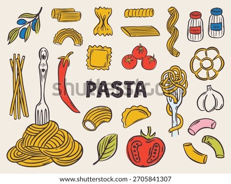 Whimsical hand drawn set of pasta illustrations in Italian style. Cute doodle food icons featuring spaghetti, penne, and ravioli — perfect for menus, posters, and Mediterranean design