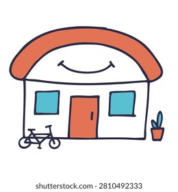 A whimsical hand drawn sketch of a cheerful house with a smiling roof, an orange door, blue windows, a small potted plant, and a bicycle parked in front.