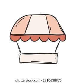 A whimsical hand drawn sketch of a cute market stall with a striped awning and a blank counter area