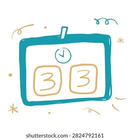 A whimsical hand drawn sketch of a digital countdown clock display featuring the number thirty three with a small clock icon above on a plain background