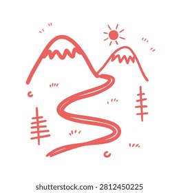 A whimsical hand drawn sketch featuring snow capped mountains a sun and a winding trail with pine trees in a minimalist red line style.
