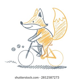 A whimsical hand drawn sketch of a friendly orange fox character cycling on a bicycle