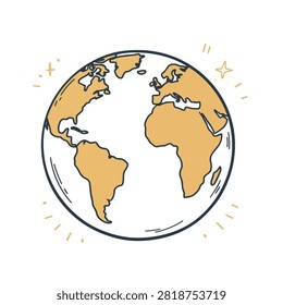 A whimsical hand drawn sketch of the globe featuring continents with decorative stars surrounding the planet on a white background