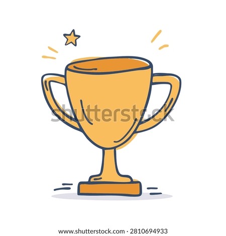 A whimsical hand drawn sketch of a golden champion trophy cup with a star and sparkles on a white background