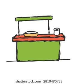 A whimsical hand drawn sketch of a green market stall with an orange counter holding a bowl and a small container.