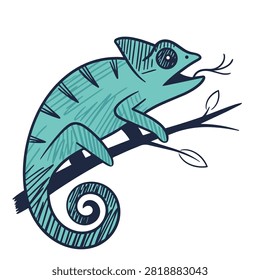 A whimsical hand drawn sketch of a green chameleon perched on a twig with a curly tail and open mouth