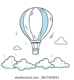 A whimsical hand drawn sketch of a hot air balloon with blue and white vertical stripes floating above fluffy clouds