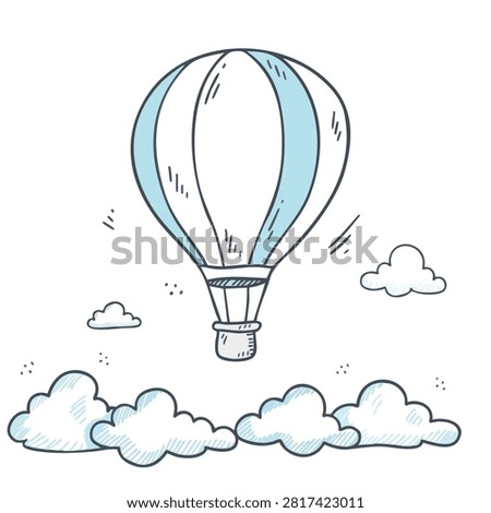 A whimsical hand drawn sketch of a hot air balloon with blue and white vertical stripes floating above fluffy clouds
