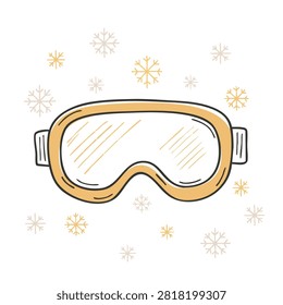 A whimsical hand drawn sketch of a pair of ski goggles surrounded by stylized snowflakes on a white background