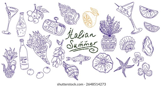 Whimsical hand drawn sketch set inspired by Mediterranean lifestyle. Includes food, drinks, flowers, summer decor and travel elements. Perfect for branding, packaging, prints, and stickers.