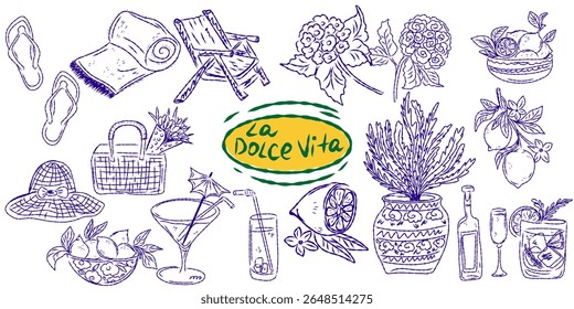 Whimsical hand drawn sketch set inspired by Mediterranean lifestyle. Includes food, drinks, flowers, summer decor and travel elements. Perfect for branding, packaging, prints, and stickers.