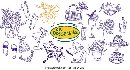 Whimsical hand drawn sketch set inspired by Mediterranean lifestyle. Includes food, drinks, flowers, summer decor and travel elements. Perfect for branding, packaging, prints, and stickers.