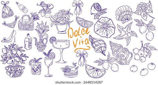 Whimsical hand drawn sketch set inspired by Mediterranean lifestyle. Includes food, drinks, flowers, summer decor and travel elements. Perfect for branding, packaging, prints, and stickers.