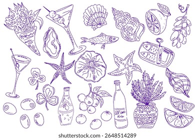 Whimsical hand drawn sketch set inspired by Mediterranean lifestyle. Includes food, drinks, flowers, summer decor and travel elements. Perfect for branding, packaging, prints, and stickers.