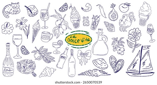 Whimsical hand drawn sketch set inspired by Mediterranean lifestyle. Includes food, drinks, flowers, summer decor and travel elements. Perfect for branding, packaging, prints, and stickers.