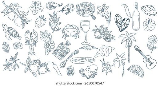 Whimsical hand drawn sketch set inspired by Mediterranean lifestyle. Includes food, drinks, flowers, summer decor and travel elements. Perfect for branding, packaging, prints, and stickers.