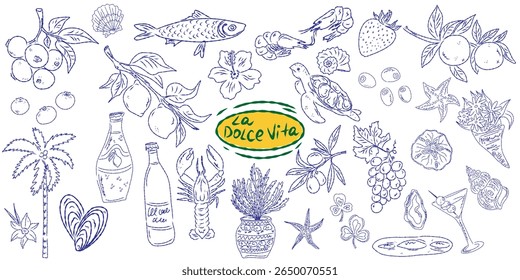 Whimsical hand drawn sketch set inspired by Mediterranean lifestyle. Includes food, drinks, flowers, summer decor and travel elements. Perfect for branding, packaging, prints, and stickers.