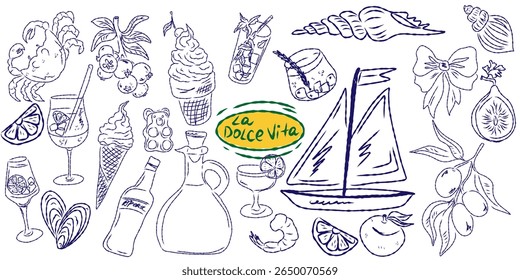 Whimsical hand drawn sketch set inspired by Mediterranean lifestyle. Includes food, drinks, flowers, summer decor and travel elements. Perfect for branding, packaging, prints, and stickers.