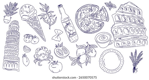 Whimsical hand drawn sketch set inspired by Mediterranean lifestyle. Includes food, drinks, flowers, summer decor and travel elements. Perfect for branding, packaging, prints, and stickers.