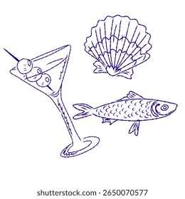 Whimsical hand drawn sketch set inspired by Mediterranean lifestyle. Includes food, drinks, flowers, summer decor and travel elements. Perfect for branding, packaging, prints, and stickers.