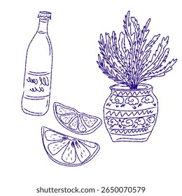 Whimsical hand drawn sketch set inspired by Mediterranean lifestyle. Includes food, drinks, flowers, summer decor and travel elements. Perfect for branding, packaging, prints, and stickers.