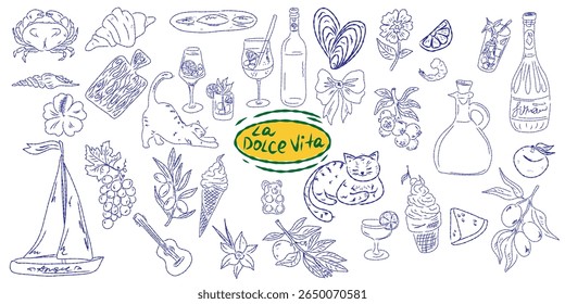 Whimsical hand drawn sketch set inspired by Mediterranean lifestyle. Includes food, drinks, flowers, summer decor and travel elements. Perfect for branding, packaging, prints, and stickers.