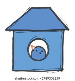 A whimsical hand drawn sketch of a simple blue birdhouse with a small blue bird visible through the circular entrance hole.