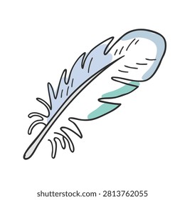 A whimsical hand drawn sketch of a single bird feather featuring soft blue and green watercolor accents isolated on a plain background