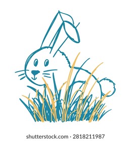 A whimsical hand drawn sketch of a small bunny rabbit sitting in tall grass rendered with blue and yellow colored pencil strokes