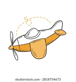 A whimsical hand drawn sketch of a small yellow propeller airplane with a dashed flight path loop above it.
