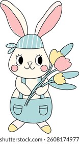 whimsical hand drawn Spring and Easter element included cute bunny, carrot, rabbit, goose, flowers, tulips, flowers bouquet, strawberry cake, eggs, easter egg, flowers in boots cute cartoon