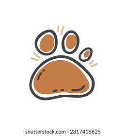 A whimsical hand drawn style brown paw print icon with dark outlines and light motion lines isolated on a white background