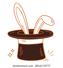 A whimsical hand drawn style illustration of a black magic top hat with white rabbit ears popping out, accented with sparkles.