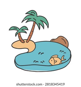 A whimsical hand drawn style illustration featuring a small tropical island with two palm trees and a little yellow fish swimming in the surrounding blue water