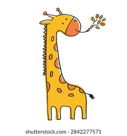 A whimsical hand drawn style illustration of a tall yellow giraffe with orange spots eating colorful autumn leaves isolated on a white background