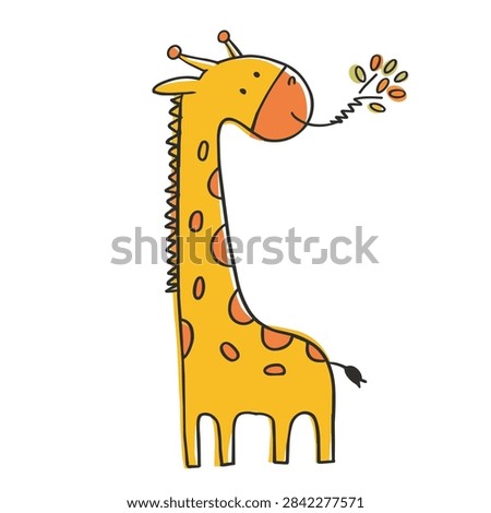 A whimsical hand drawn style illustration of a tall yellow giraffe with orange spots eating colorful autumn leaves isolated on a white background