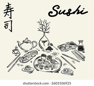 Whimsical, hand drawn style sushi table set, vector illustration
