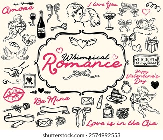 Whimsical, hand drawn style tomance, romantic, Valentine's Day, Love illustration set, vector elements
