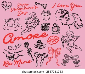 Whimsical, hand drawn style tomance, romantic, Valentine's Day, Love illustration set, vector elements
