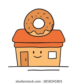 A whimsical hand drawn style vector illustration of a small shop building topped with a large donut with a friendly smiling face on the facade