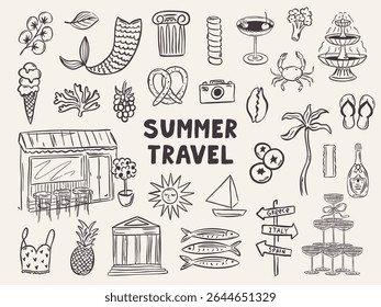 Whimsical hand drawn summer illustrations in trendy hand drawn style. Perfect doodle for quirky italian greece wedding  poster, dinner and bar menu, bachelorette party, birthday invitation, sign.