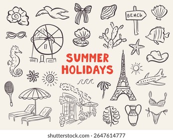 Whimsical hand drawn summer illustrations in trendy hand drawn style. Perfect doodle for quirky italian greece wedding  poster, dinner and bar menu, bachelorette party, birthday invitation, sign.