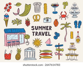 Whimsical hand drawn summer illustrations in trendy hand drawn style. Perfect doodle for quirky italian greece wedding  poster, dinner and bar menu, bachelorette party, birthday invitation, sign.