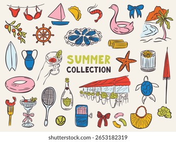 Ilustrações de verão desenhadas à mão extravagantes em estilo estirado à moda. Doodle perfeito para cartaz de casamento italiano peculiar, jantar e menu de bar, despedida de solteira, convite de aniversário, sinal.