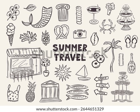 Whimsical hand drawn summer illustrations in trendy hand drawn style. Perfect doodle for quirky italian greece wedding  poster, dinner and bar menu, bachelorette party, birthday invitation, sign.