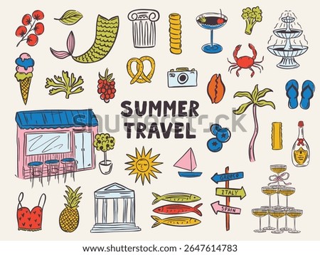 Whimsical hand drawn summer illustrations in trendy hand drawn style. Perfect doodle for quirky italian greece wedding  poster, dinner and bar menu, bachelorette party, birthday invitation, sign.
