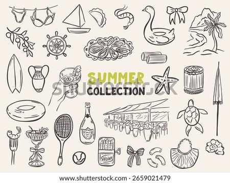 Whimsical hand drawn summer illustrations in trendy hand drawn style. Perfect doodle for quirky italian greece wedding  poster, dinner and bar menu, bachelorette party, birthday invitation, sign.