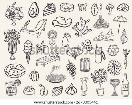 Whimsical hand drawn summer illustrations in trendy hand drawn style. Perfect doodle for quirky italian greece wedding  poster, dinner and bar menu, bachelorette party, birthday invitation, sign.