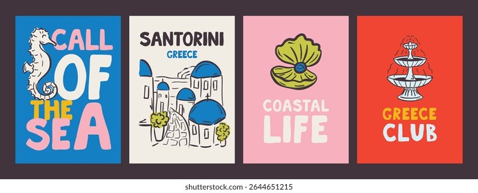 Whimsical hand drawn summer poster and postcard template in trendy hand drawn style. Perfect doodle for greece italian  restaurant and cafe, kitchen wall art, poster, party, birthday, sign.